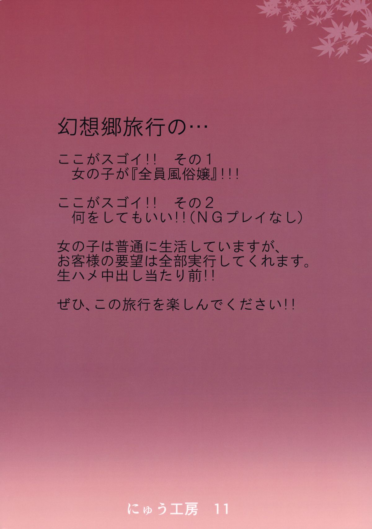 [日本漫画] (Kouroumu 10) [Nyuu Koubou (Nyuu)] Oidemase!! Jiyuu Fuuzoku Gensoukyou 2-haku 3-kka no Tabi - Kou (Touhou Project) [Chinese]   单本,高潮潮吹,萝莉,群P#[31P]-31